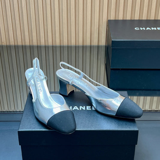 CHANEL 25S SLINGBACK SHOES IN SILVER AND BLACK CALFSKIN