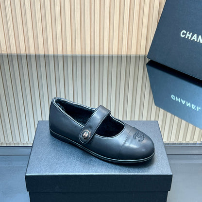 CHANEL 25S FURRY MARY JANE SHOES IN BLACK CALFSKIN