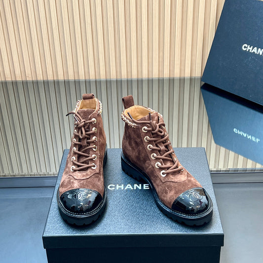 CHANEL 25S MARTIN LACE-UP BOOTS WITH CHAIN DETAIL IN DARK BROWN SUEDE