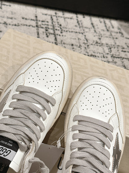 BALL STAR 2 SNEAKERS IN WHITE CALFSKIN SILVER STAR AND GLITTER HEEL TAB