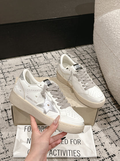 BALL STAR 2 SNEAKERS IN WHITE CALFSKIN SILVER STAR AND GLITTER HEEL TAB