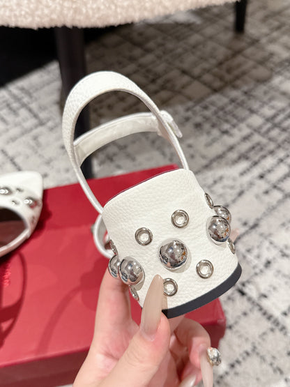 VLTN STUDDED BLOCK HEEL SANDALS 25S 60 MM IN WHITE LAMBSKIN