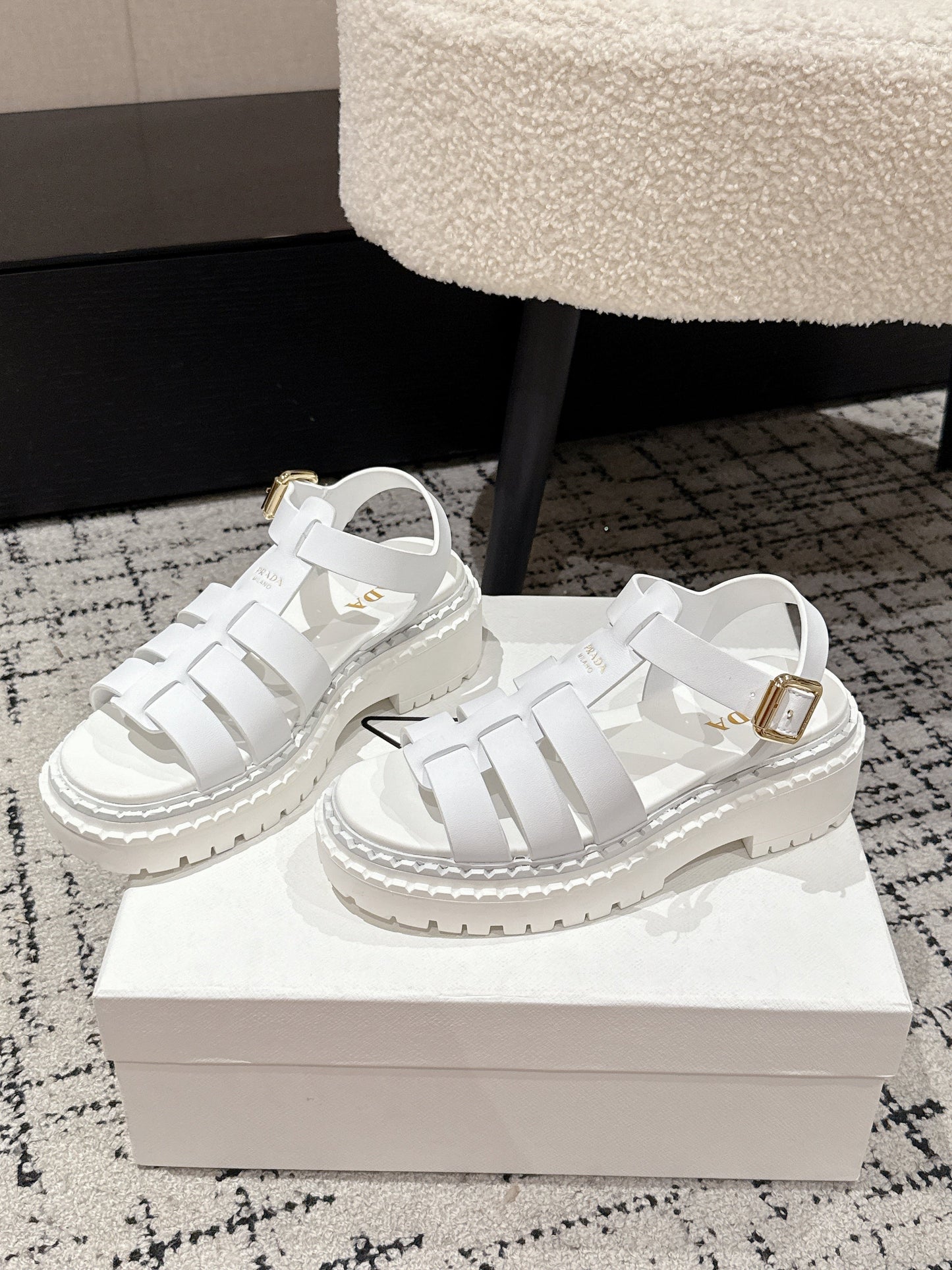 PRADA 25S FISHERMAN OPEN TOE SANDALS IN WHITE CALFSKIN