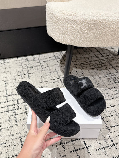 CELINE 25S SLIDES TRIOMPHE IN BLACK SPONGE FABRIC