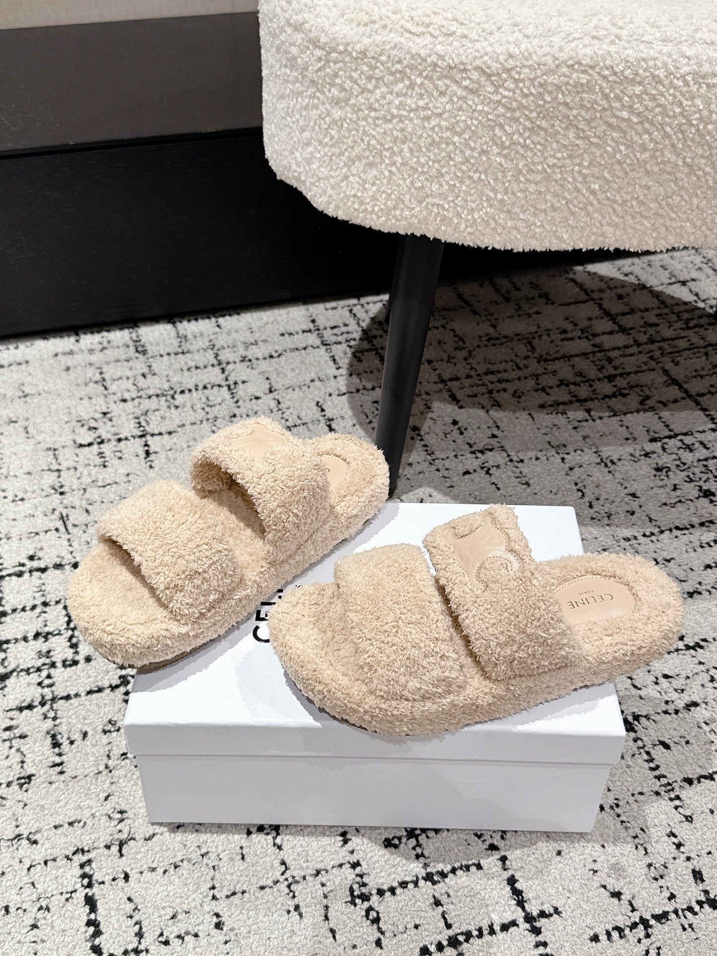 CELINE 25S SLIDES TRIOMPHE IN BIEGE SPONGE FABRIC