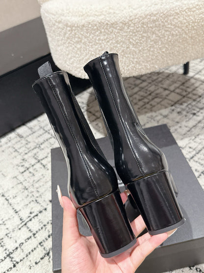 YSL 25S HEELED ANKLE BOOTS 70 MM IN BLACK SHINY LAMBSKIN
