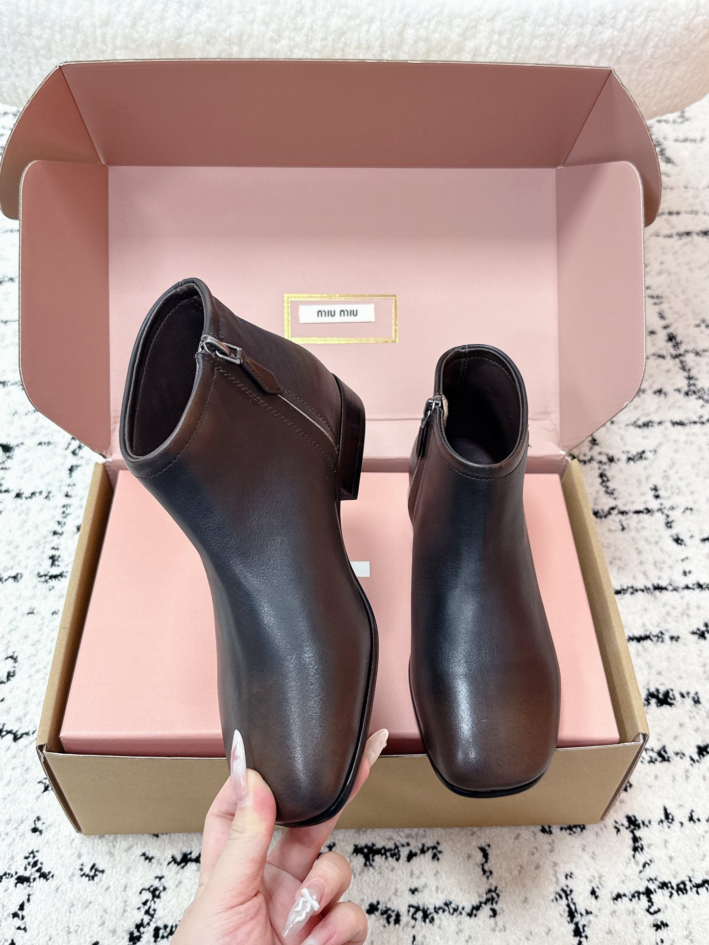 MIUMIU 26S BOOTIES IN DARK BROWN  FUME CALFSKIN