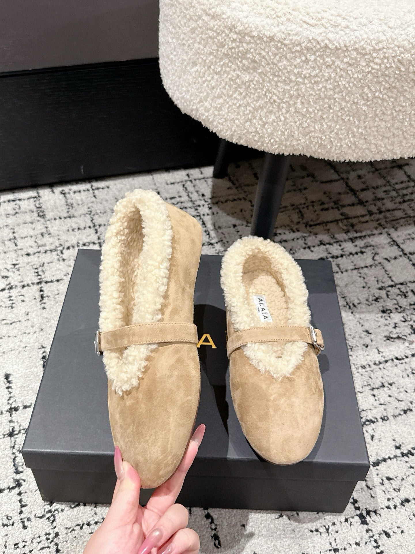 ALAIA 26S  BALLET FLATS IN DARK BEIGE SUEDE AND WOOL