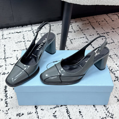 PRADA 26S SLINGBACK PUMPS 70MM IN STEEL GRAY PATENT CALFSKIN