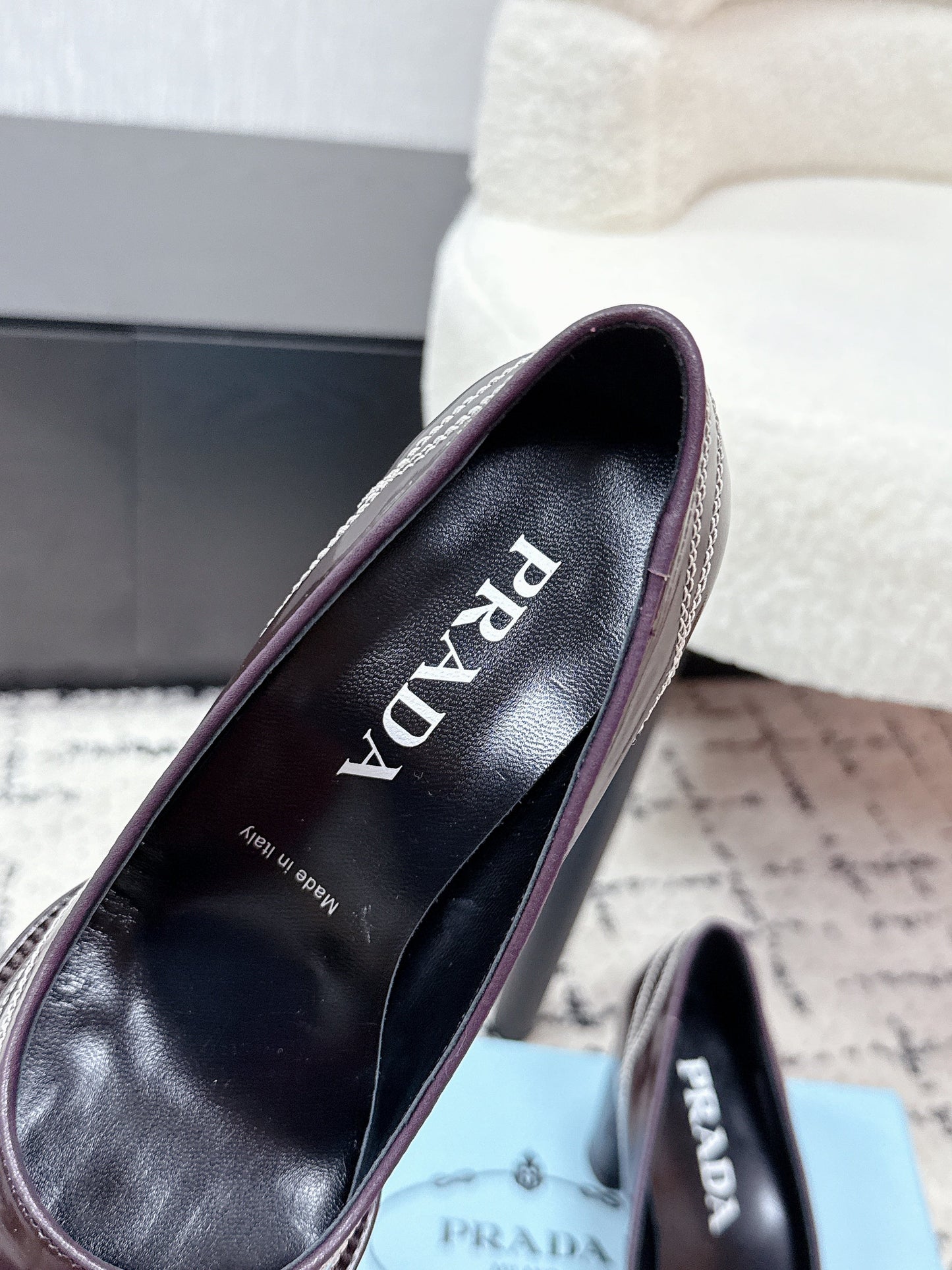PRADA 26S BOWLING-STYLE HIGH HEELS 70MM IN DARK BROWN GLOSSY CALFSKIN