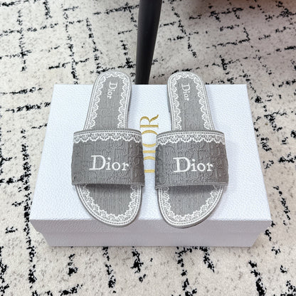 DIOR 26S SLIDES IN GREY EMBOSSED OBLIQUE LACE EMBROIDERY