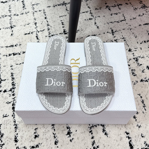 DIOR 26S SLIDES IN GREY EMBOSSED OBLIQUE LACE EMBROIDERY