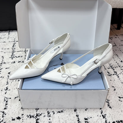 PRADA 26S POINTED-TOE HIGH HEELS 75MM IN WHITE CALFSKIN WITH BOW