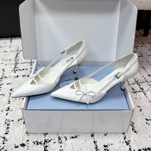 PRADA 26S POINTED-TOE HIGH HEELS 75MM IN WHITE CALFSKIN WITH BOW