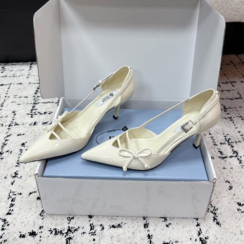 PRADA 26S POINTED-TOE HIGH HEELS 75MM IN IVORY WHITE PATENT CALFSKIN WITH BOW