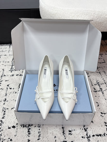 PRADA 26S POINTED-TOE HIGH HEELS 75MM IN CREAM WHITE CALFSKIN