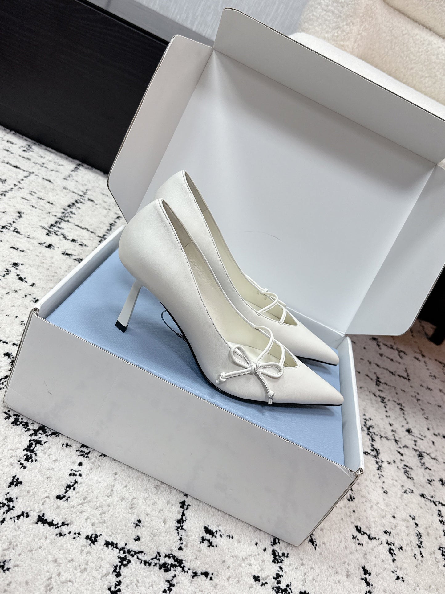 PRADA 26S POINTED-TOE HIGH HEELS 75MM IN CREAM WHITE CALFSKIN
