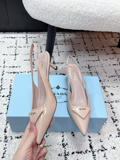 PRADA 26S SLINGBACK PUMPS 60MM IN BEIGE PATENT CALFSKIN
