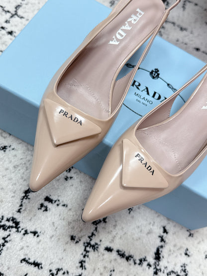 PRADA 26S SLINGBACK PUMPS 60MM IN BEIGE PATENT CALFSKIN