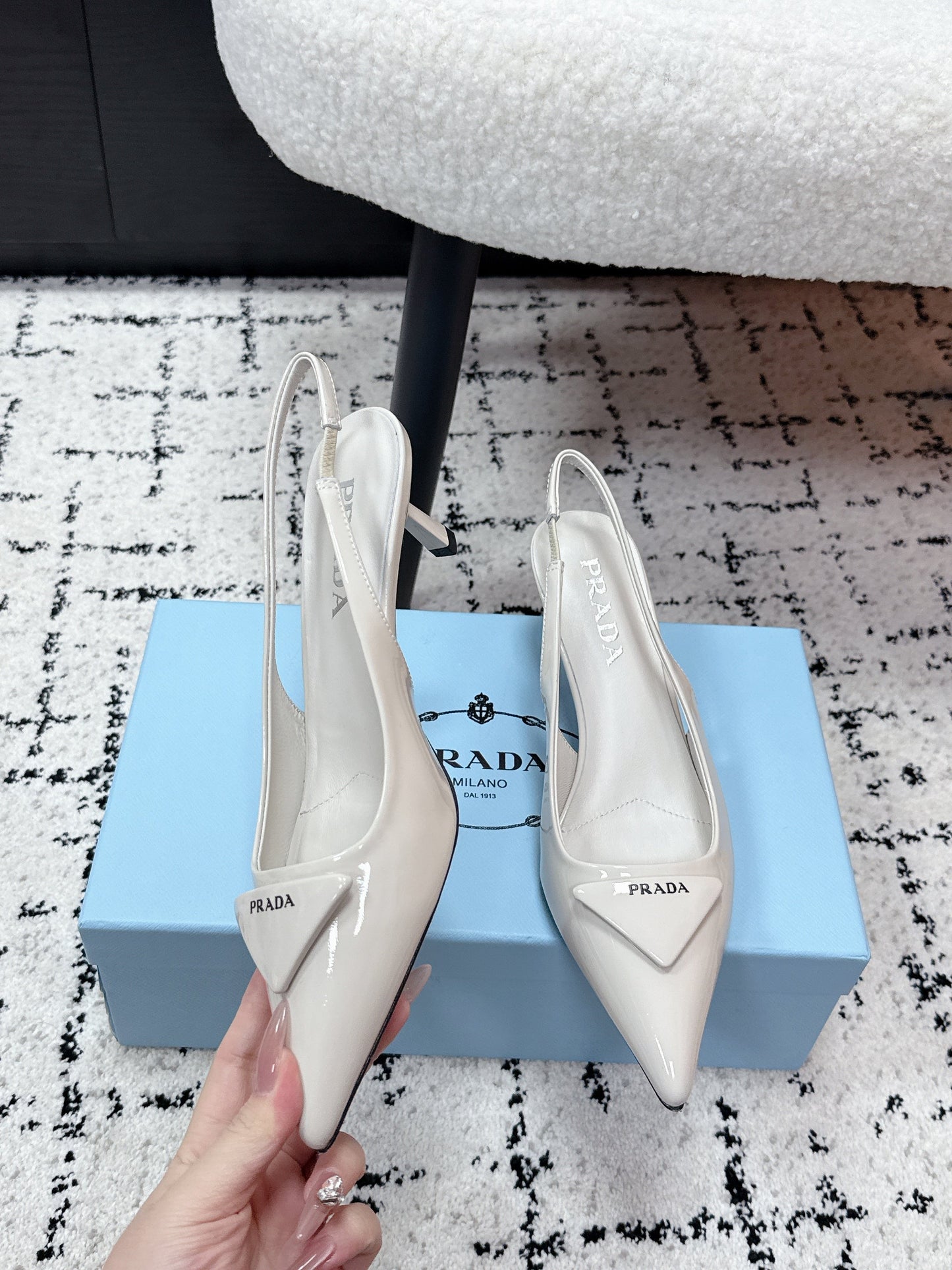 PRADA 26S SLINGBACK PUMPS 60MM IN CREAM WHITE PATENT CALFSKIN