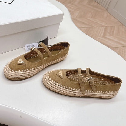 PRADA 26S MARY JANE ESPADRILLES SHOES IN BROWN SUEDE WITH LOGO