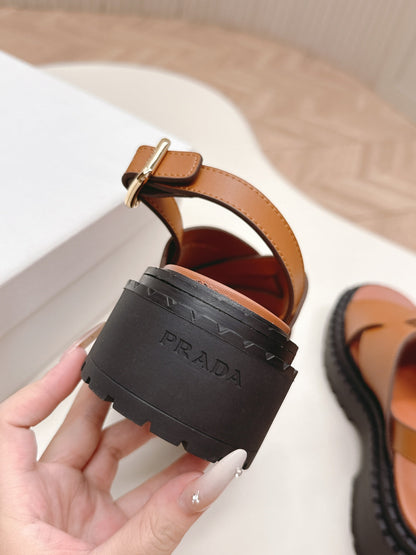 PRADA 25S CRISSCROSS SANDALS IN LIGHT TAN CALFSKIN