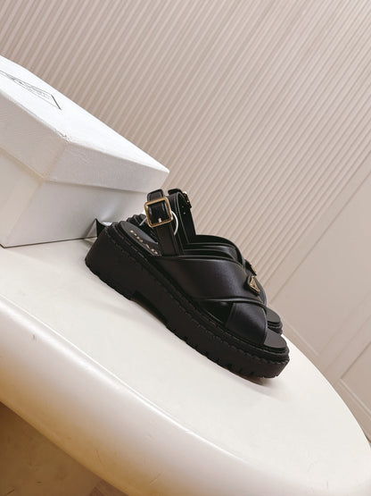 PRADA 25S SANDALS IN BLACK CALFSKIN LOGO GOLD HARDWARE