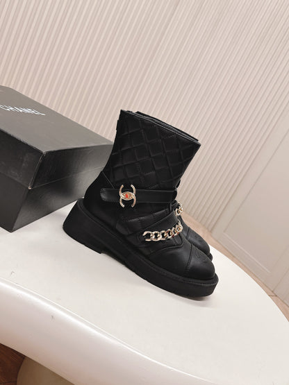 CHANEL ANKLE BOOTS 25S IN BLACK LAMBSKIN EMBOSSED LOGO WITH GOLD HARDWARE