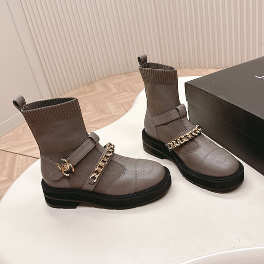 CHANEL ANKLE BOOTS 25S IN SMOKY GRAY LAMBSKIN AND FABRIC WITH GOLD HARDWARE