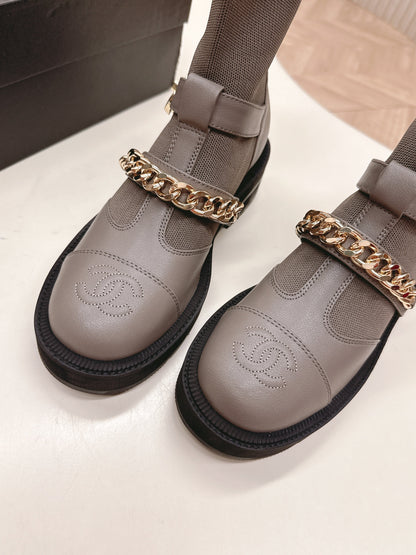 CHANEL ANKLE BOOTS 25S IN SMOKY GRAY LAMBSKIN AND FABRIC WITH GOLD HARDWARE