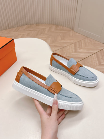 HM 25S SLIP-ON IN BLUE DENIM AND BROWN LAMBSKIN