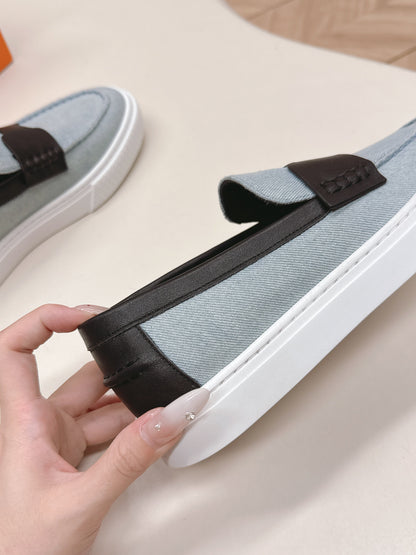 HM 25S SLIP-ON IN BLUE DENIM AND BLACK LAMBSKIN