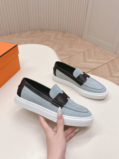 HM 25S SLIP-ON IN BLUE DENIM AND BLACK LAMBSKIN