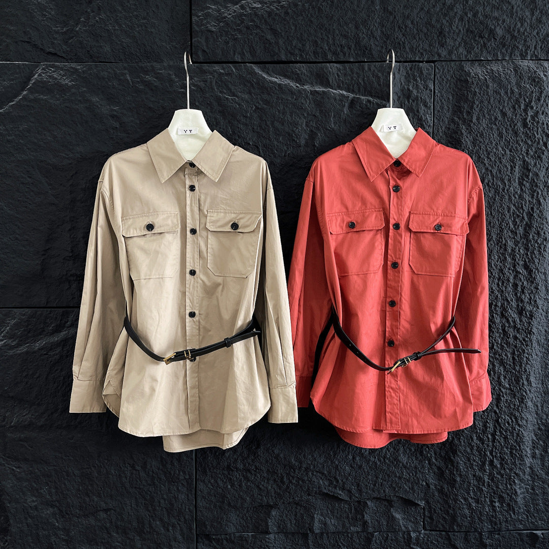YSL LONG BELTED SHIRT IN COTTON 265868