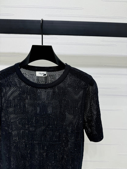 CELINE SHORT-SLEEVE CROCHET TOP BLACK 274808