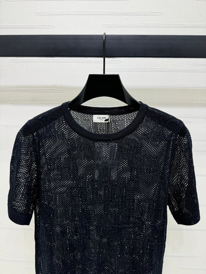 CELINE SHORT-SLEEVE CROCHET TOP BLACK 274808