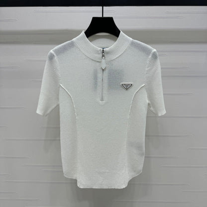 PRADA MOCK NECK SHORT-SLEEVE KNIT TOP WHITE 274815