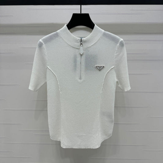 PRADA MOCK NECK SHORT-SLEEVE KNIT TOP WHITE 274815