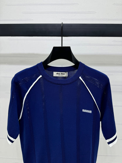 MIU 25S RAGLAN CREW NECK STRIPED KNIT SWEATER 264106