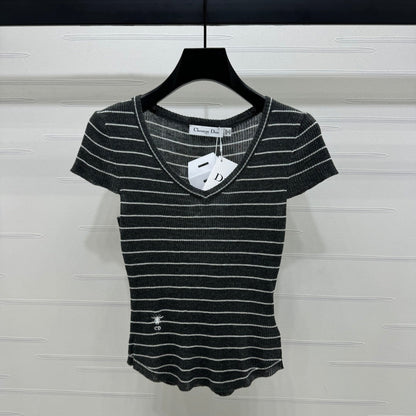 DIOR 25S SHORT SLEEVE STRIPED V-NECK SWEATER 264077