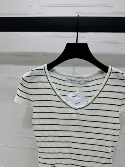 DIOR 25S SHORT SLEEVE STRIPED V-NECK SWEATER 264078