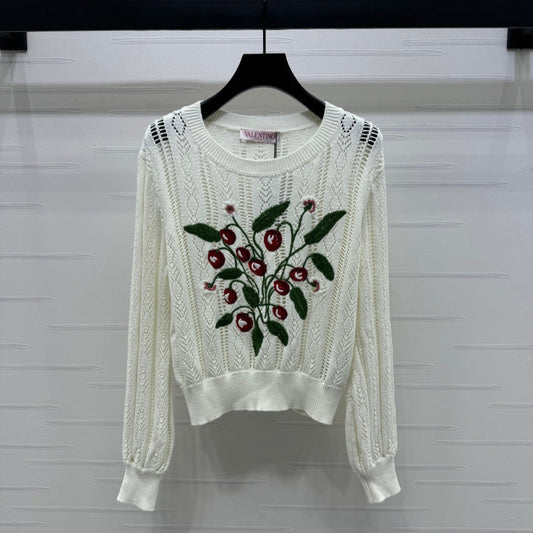 VALENTINO CREW NECK LONG-SLEEVE EMBROIDERED KNIT TOP 274957