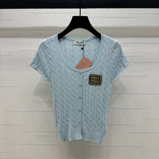 MIUMIU U-NECK KNITTED SHORT-SLEEVE TOP LIGHT BLUE 274948