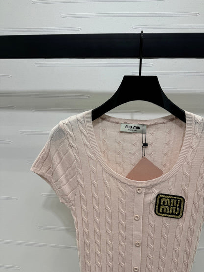 MIUMIU U-NECK KNITTED SHORT-SLEEVE TOP PINK 274947