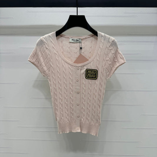 MIUMIU U-NECK KNITTED SHORT-SLEEVE TOP PINK 274947
