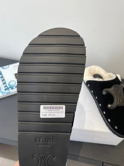 CELINE 26S FUR-LINED MULES IN BLACK SUEDE