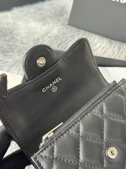 CHANEL 25S CLASSIC CARD HOLDER 11 IN BLACK LAMBSKIN SILVER HARDWARE