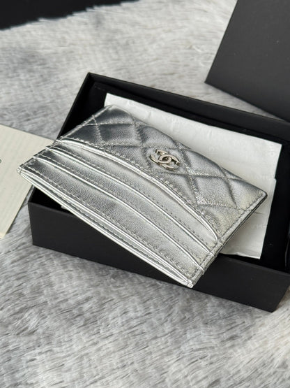 CHANEL 25S CARD HOLDER 11 IN SILVER LAMBSKIN GOLD HARDWARE