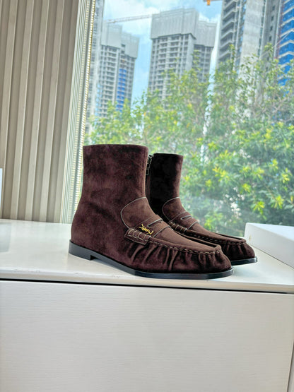 YSL 25S ANKLE FLAT BOOTS IN DARK CHOCOLATE BROWN SUEDE WITH SIDE ZIPPER