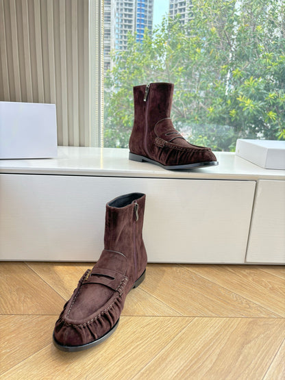 YSL 25S ANKLE FLAT BOOTS IN DARK CHOCOLATE BROWN SUEDE WITH SIDE ZIPPER